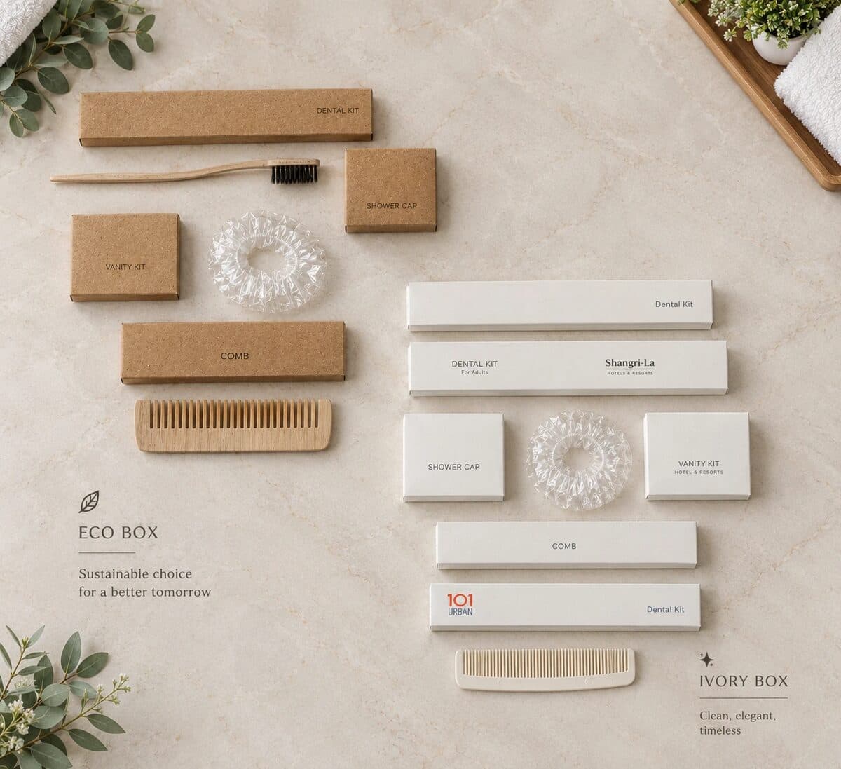Eco Box kraft dan Ivory Box putih untuk amenities kamar hotel
